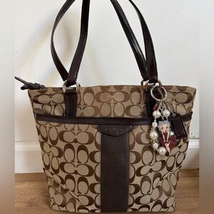 Coach Brown Signature Canvas Tote with Dark Brown Leather Trim and Charm